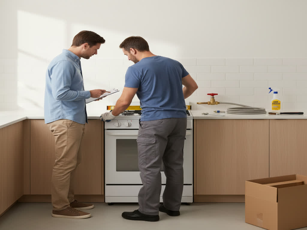 Técnico instalando estufa a gas con manguera certificada y válvula accesible en cocina