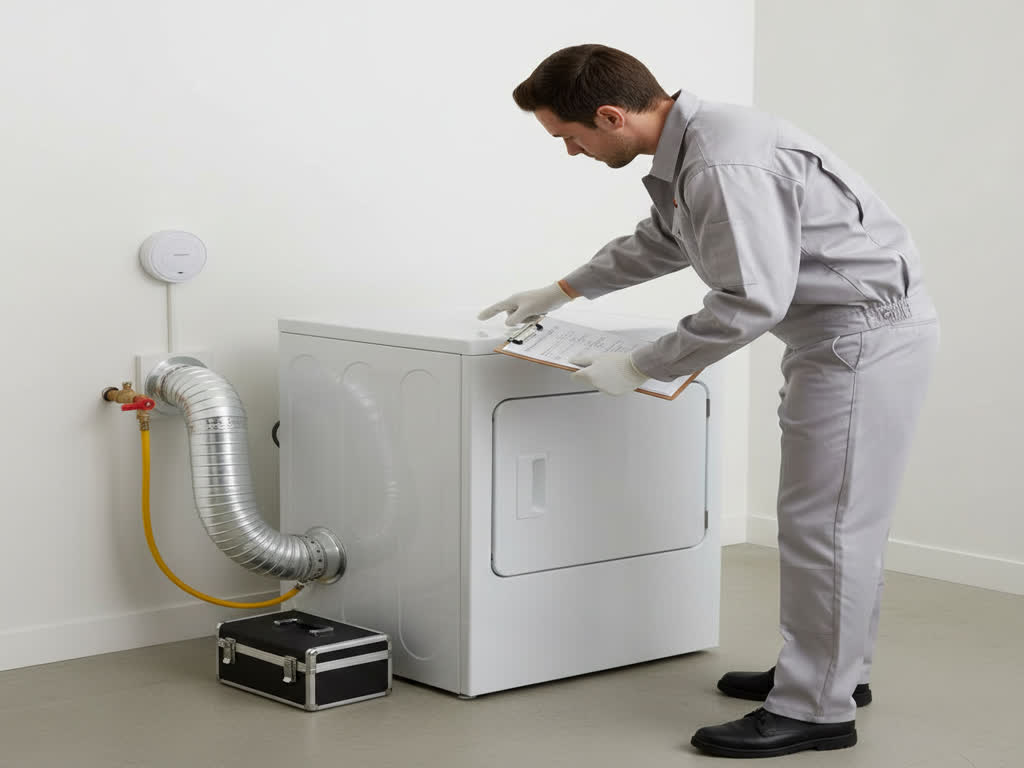 Técnico certificado revisando secadora a gas con manómetro y detector de fugas